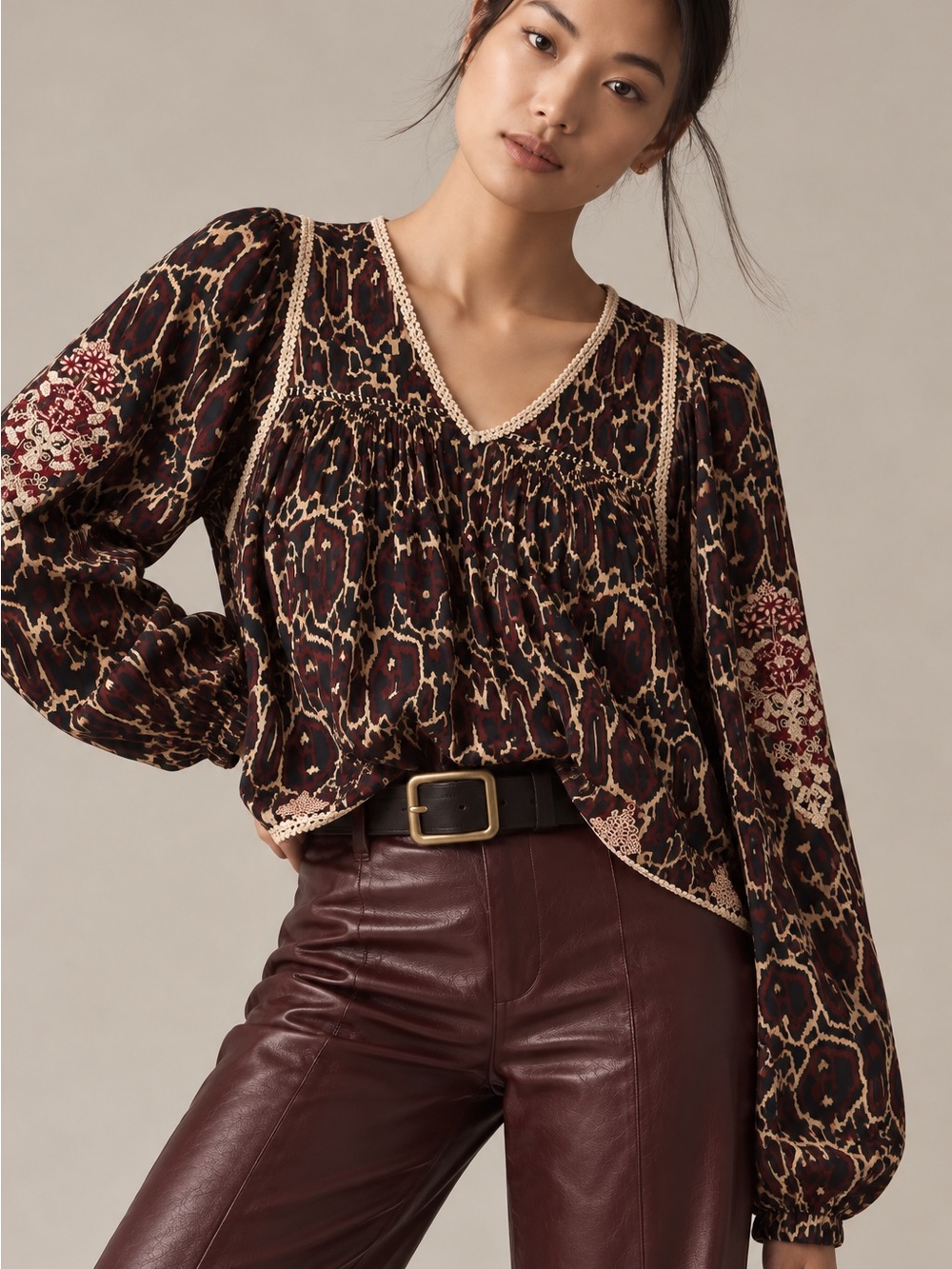 Anthropologie Vintage Maeve Boho Chic Burgundy & Cream Printed V-Neck Tunic Sz S